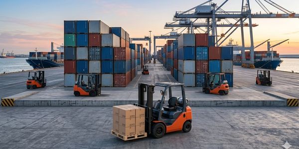 Forklifts moving cargo containers at a port.