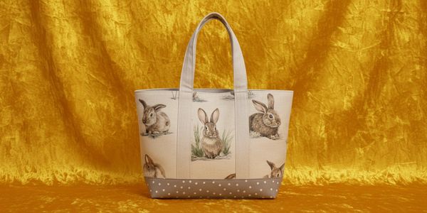 Tote bag with cute rabbit illustrations and polka dot base on a yellow fabric background.