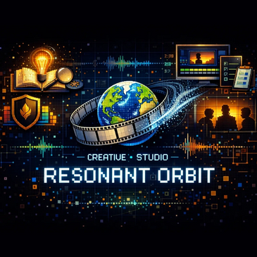 Digital art showcasing a creative studio named Resonant Orbit with Earth and media icons.