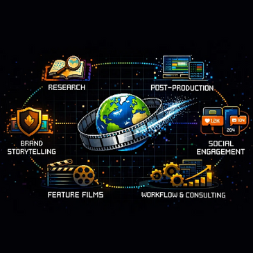 Digital infographic showing film production stages orbiting the Earth.