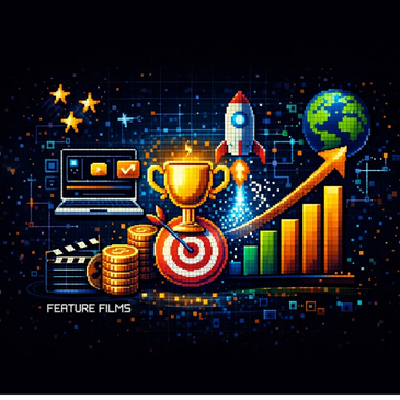 Pixel art showing growth and success symbols like trophy, rocket, and graph.