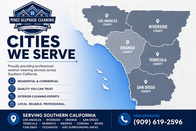 Map showing Southern California cities served by Perez Allphase Cleaning for exterior cleaning services.