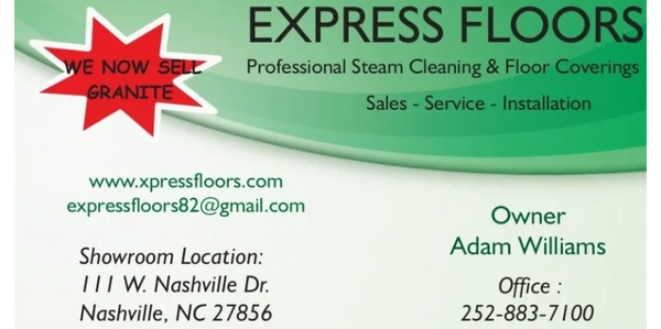 Business card for Express Floors offering professional steam cleaning and floor coverings.