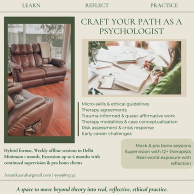 Informative poster outlining a psychologist training program with visuals of a cozy seating area and study desk.