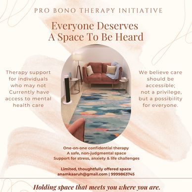 Pro bono therapy offering accessible mental health support in a safe, non-judgmental space.