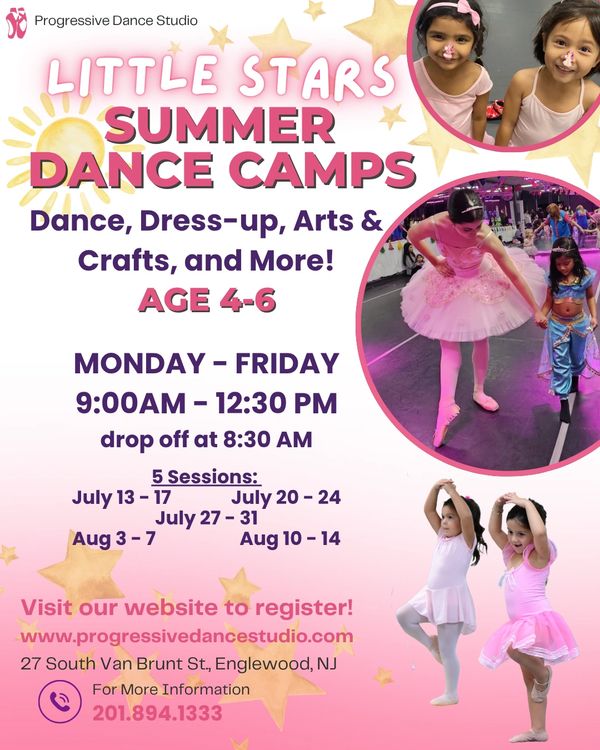 Summer dance camps for kids aged 4-6 with dance, dress-up, and crafts.
