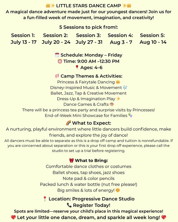 Flyer for Little Stars Dance Camp offering five weekly sessions for ages 4-6 with dance themes and activities.