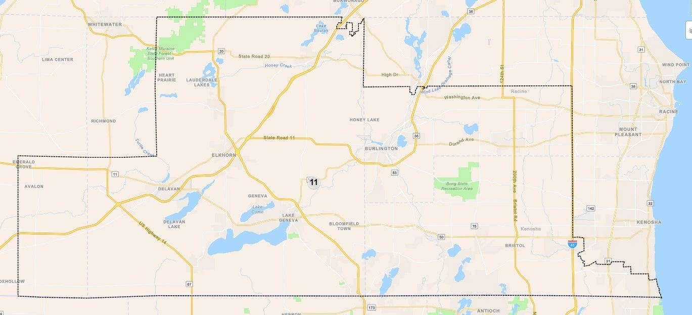 Map showing Kenosha County with major roads and towns in Wisconsin.
