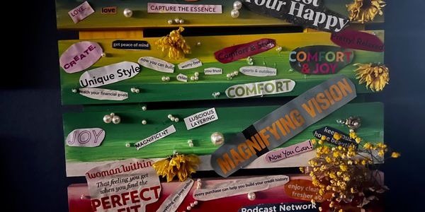 Inspirational collage with motivational phrases and flowers on green boards.