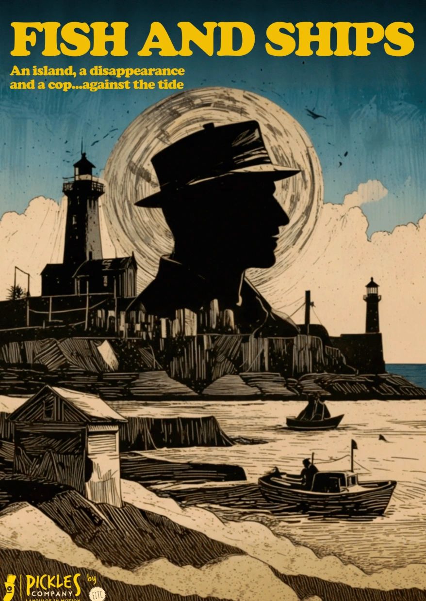 Silhouette of a man with fishing boats and lighthouses on an island.