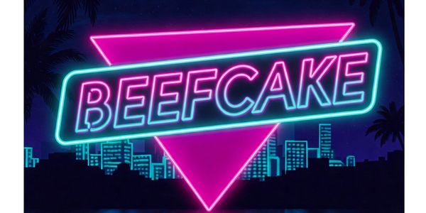 Neon sign with the word BEEFCAKE against a night cityscape.