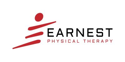 Logo for Earnest Physical Therapy with a dynamic red figure and bold black and red text.