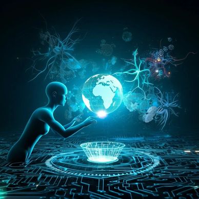 Futuristic figure interacting with a glowing digital globe and neural network visuals.