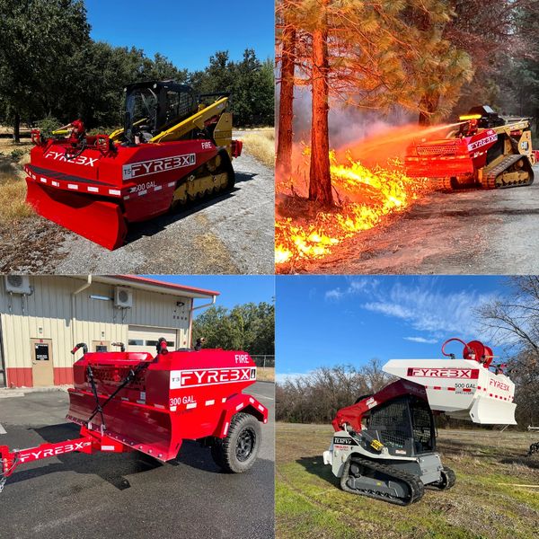 A red firefighting skidder vehicle labeled FYRE3X in a forest setting.