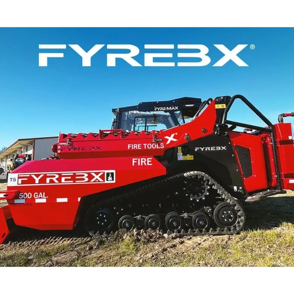 Red FYRE3X fire tool vehicle with 500-gallon capacity on a tracked chassis.