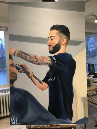 Painting of a tattooed man trimming hair.