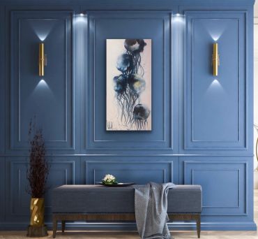 Elegant blue wall with jellyfish artwork and bench.