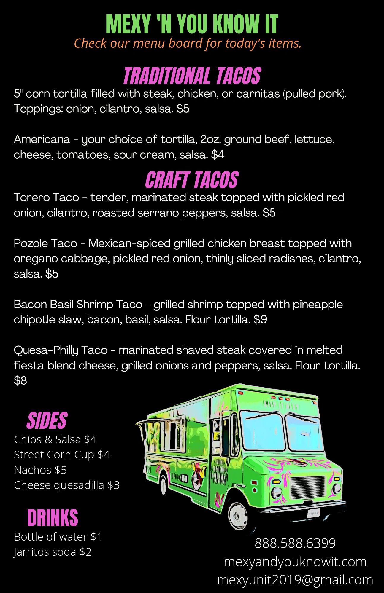 Food truck menu, tacos, taco truck, catering, wedding catering