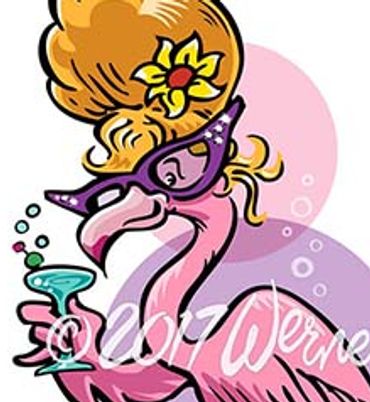 Colorful pink flamingo wearing a blond wig & cat eye glasses with a cheerful martini toast