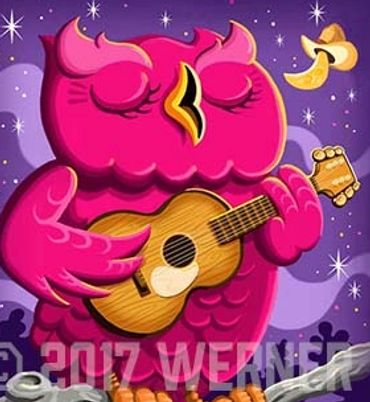 Whimsical owl cartoon plays guitar under the night sky & the light of a cowboy hat-wearing moon.