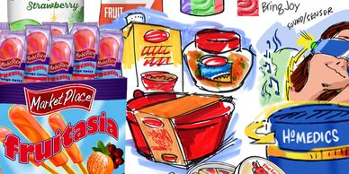 Variety of colorful product iIllustrations including popsicles, microwavable food bowl, sleep mask.