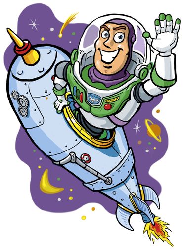 Buzz Lightyear Disney character rides rocket into space