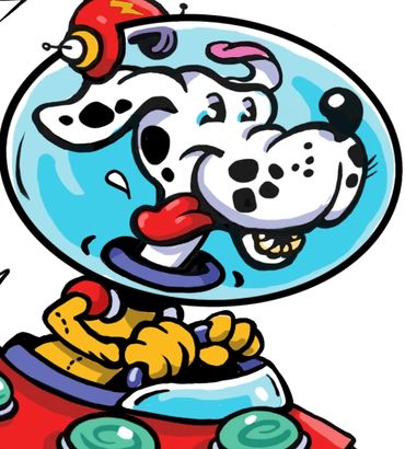 Colorful cartoon Dalmatian steers a flying saucer into orbit!