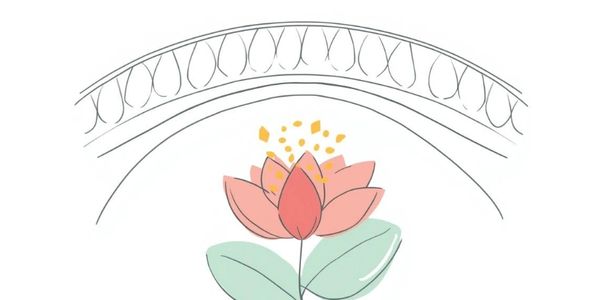 Illustration of a pink lotus flower under a decorative arch.