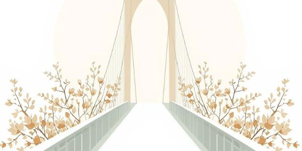 Minimalist illustration of a bridge with floral decorations in soft beige tones.