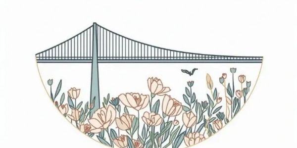 Delicate flowers beneath a stylized suspension bridge in soft colors.
