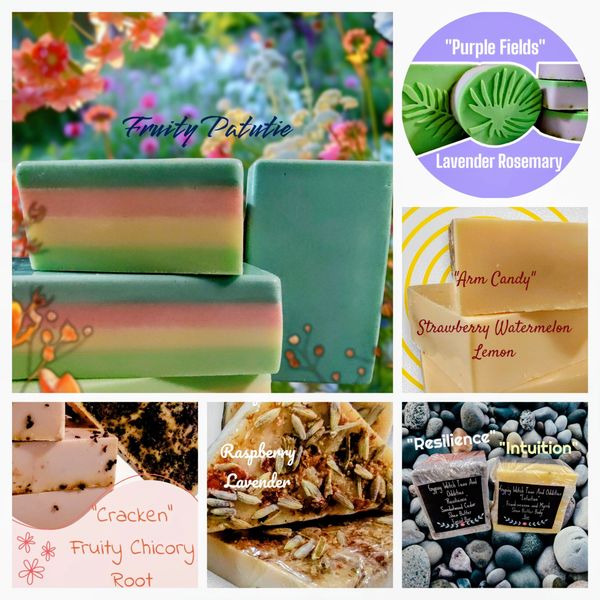 Colorful handmade soaps with various natural scents and ingredients.