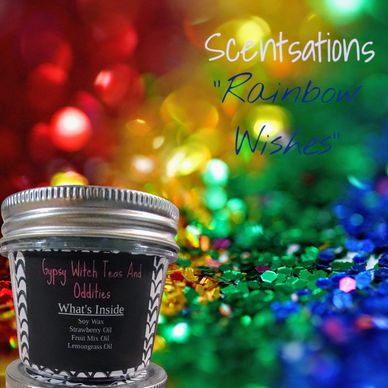 Colorful candle named "Rainbow Wishes" with vibrant glitter background.