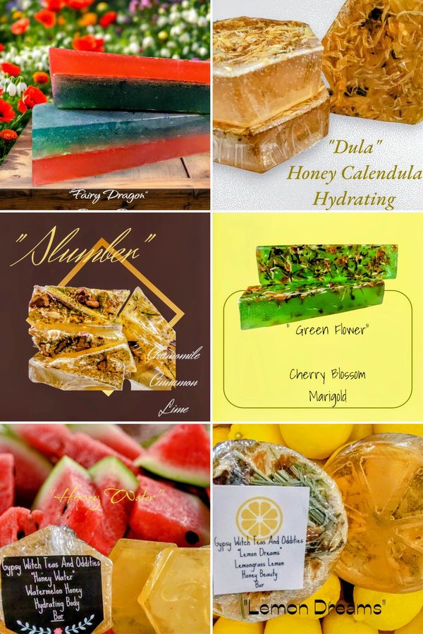 Colorful artisanal soaps with natural ingredients and floral themes.