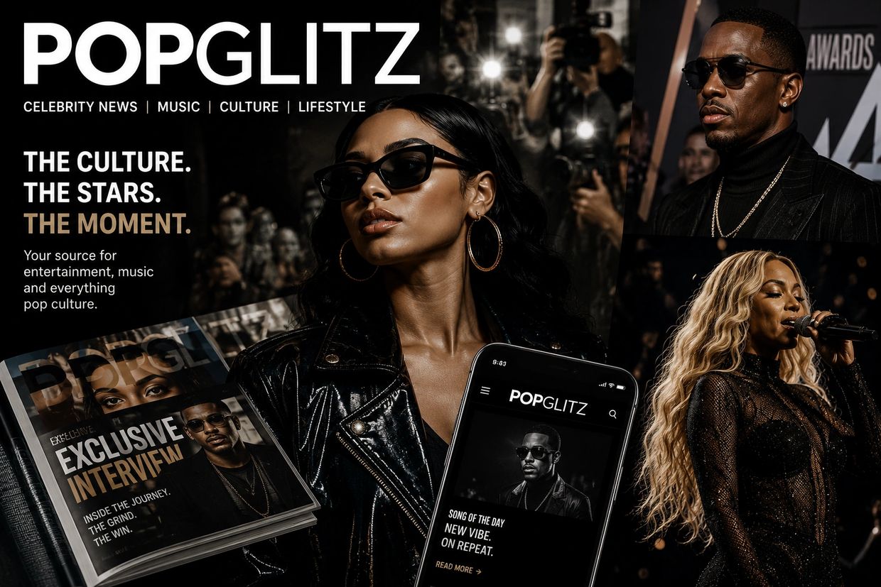 PopGlitz magazine cover featuring celebrities and exclusive interviews.