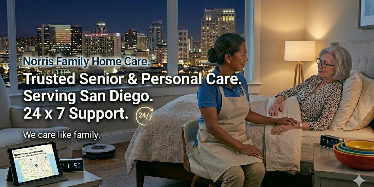 Caregiver holding hands with senior woman in bedroom, promoting trusted home care in San Diego.