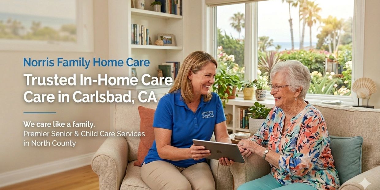 In-home care service in Carlsbad, CA, showing a caregiver and an elderly woman smiling.