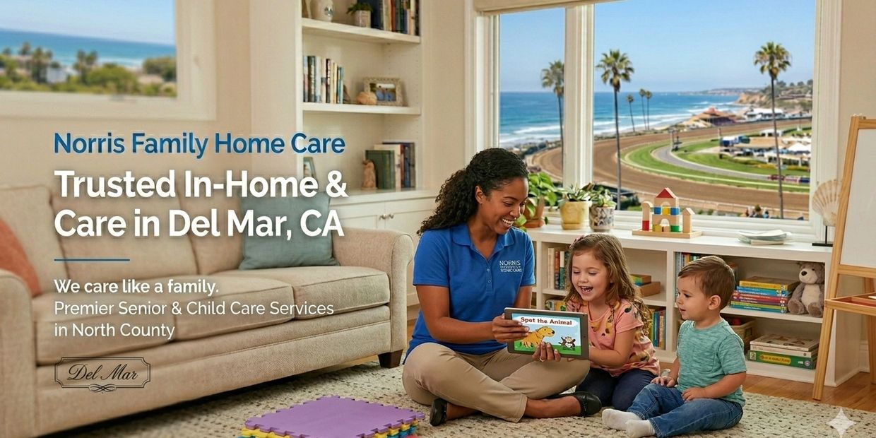 Caregiver with two children in a cozy room with ocean view, promoting Norris Family Home Care.