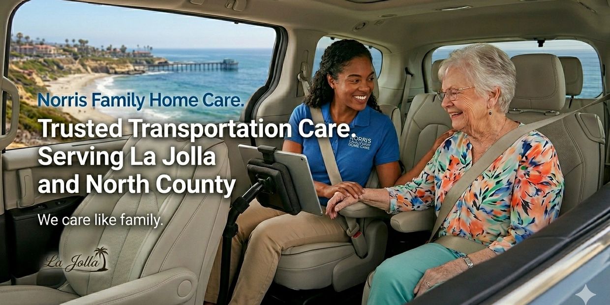 Caregiver and elderly woman share a joyful moment during transportation in a scenic coastal area.