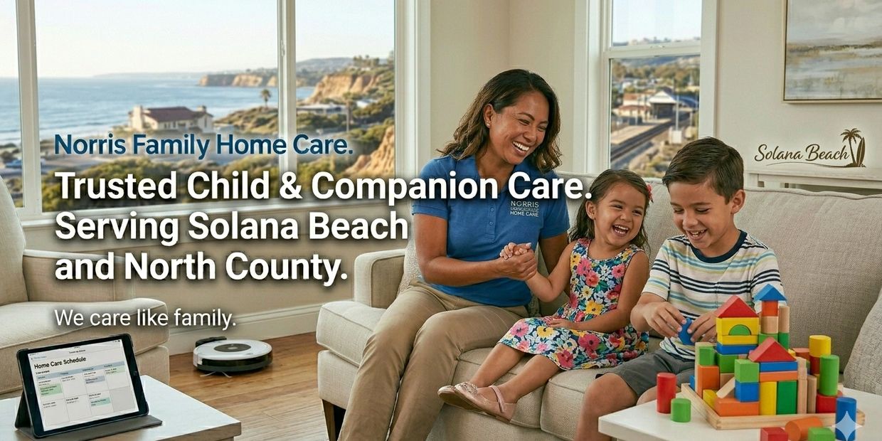 Caregiver enjoying time with two children in a bright living room near the beach.