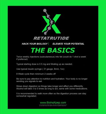 Informational poster about basic injectable protocol and tips for Retatrutide.