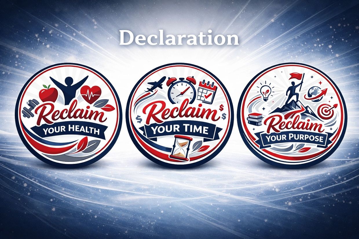 Three badges declaring to reclaim health, time, and purpose with vibrant icons.