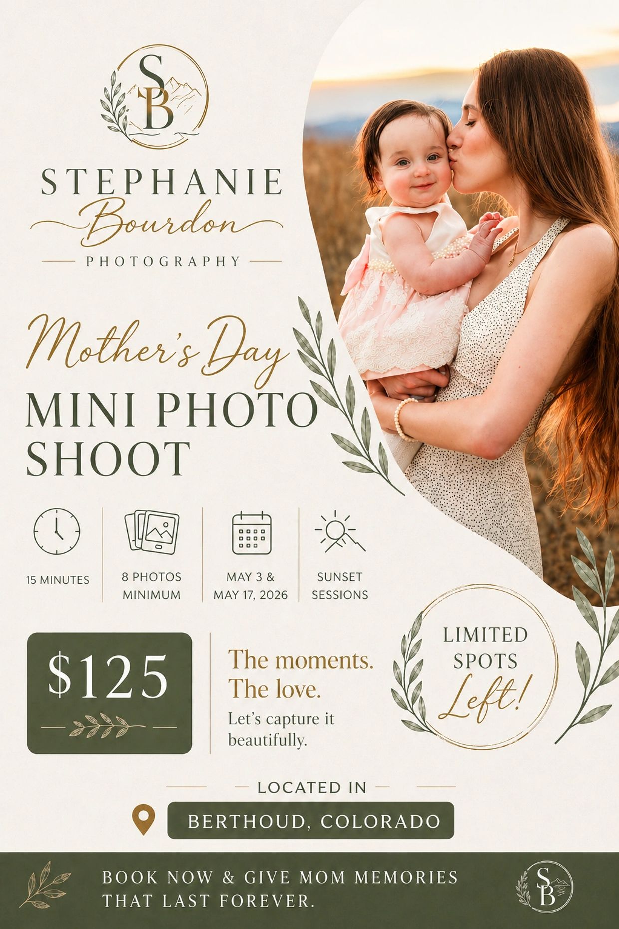 Mother's Day mini photo shoot offer by Stephanie Bourdon Photography in Berthoud, Colorado.