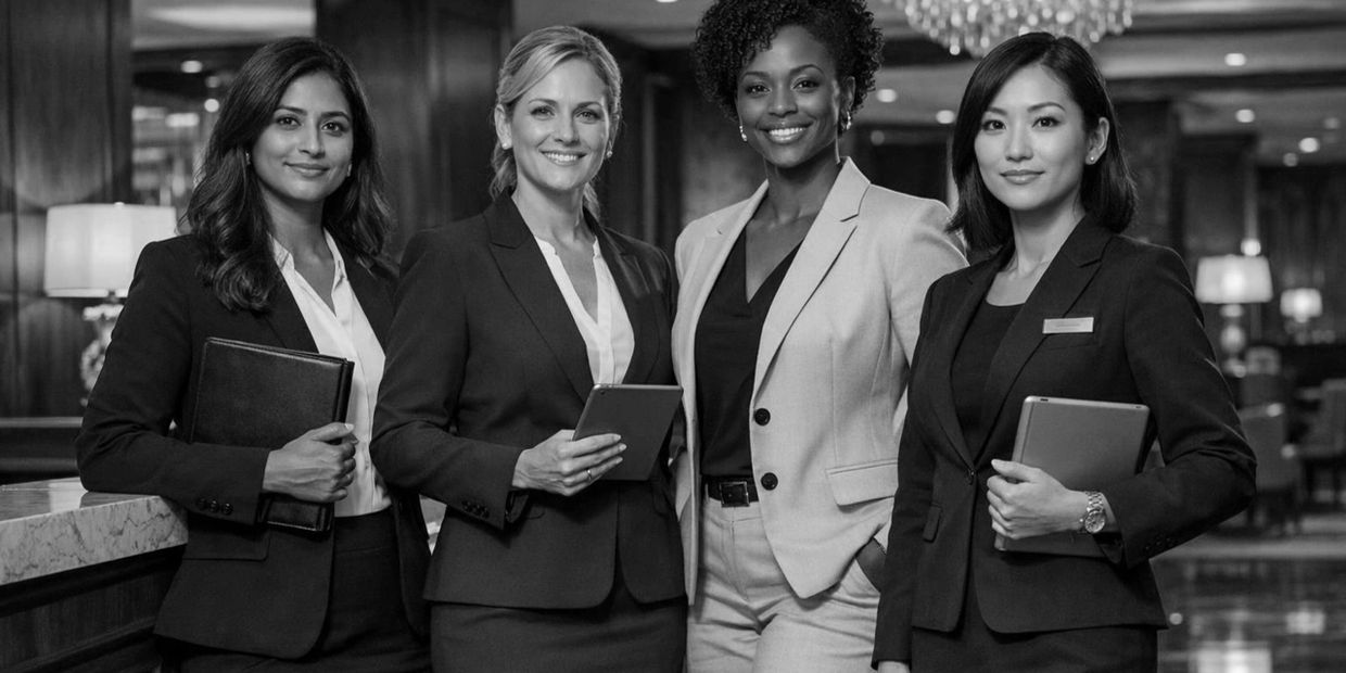 Four professional women in business attire smiling confidently indoors.