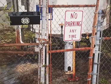 An oil painting of a mailbox on a chainlink fence next to a no parking sign.