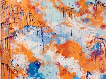 Orange splash an abstract painting with complimentary colors orange, blue, white, pink, and navy.