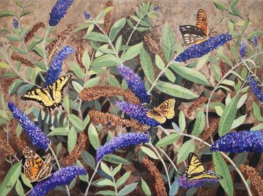 An oil painting of butterflies on a butterfly bush. 