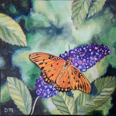 Oil painting of an orange Gulf Fritillary butterfly on a purple butterfly bush flower.