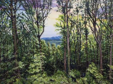 Oil painting of a mountain at sunset with golden hour light and bear cubs in the forest.