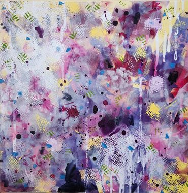 Abstract acrylic painting with purple, yellow, white, blue and green.