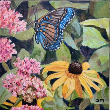 Oil painting of a red-spotted purple butterfly with pink flowers and a black-eyed susan flower.